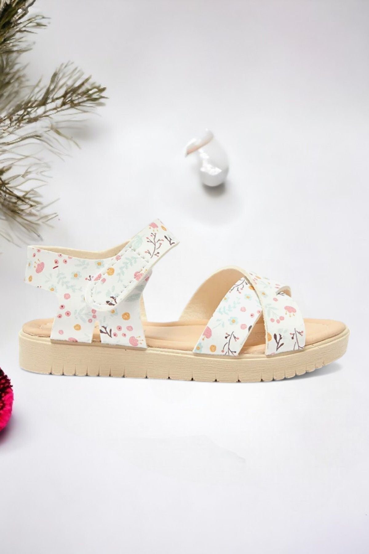 cırt cırtlı ekru baskılı kız Çocuk sandalet cırt cırtlı ekru baskılı kız Çocuk sandalet